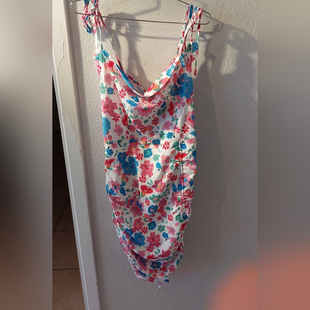 Floral Cowl Neck Sheath Dress in White, Blue, Pink and Coral